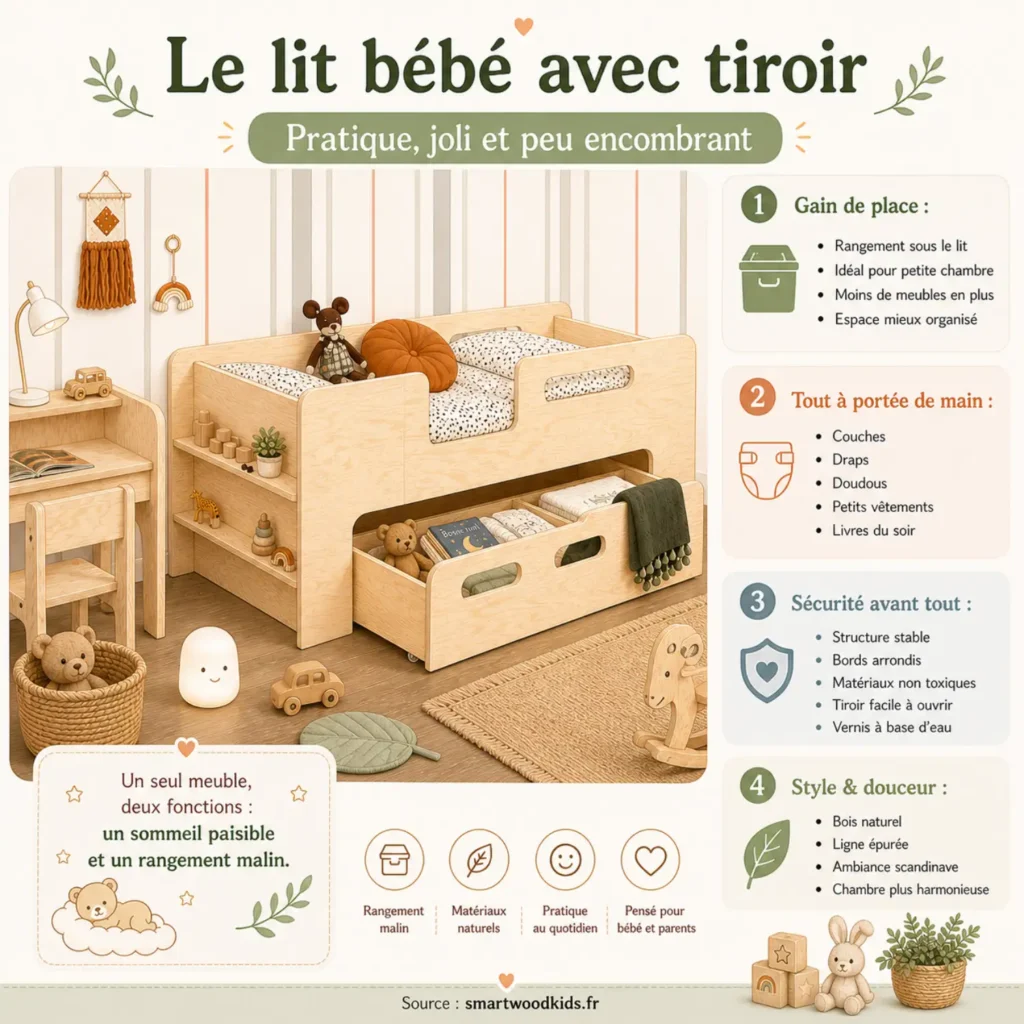 Infographie Smartwood - le lit bébé avec tiroir : pratique, joli et peu encombrant, gain de place et tout à portée de main.