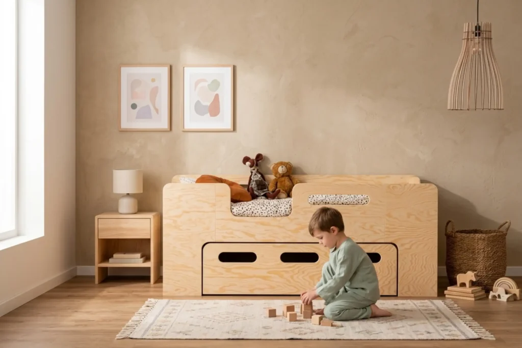 Lit bébé Smartwood PIPI avec tiroir et barrière en bois naturel dans une chambre d'enfant lumineuse - petit garçon jouant avec des cubes en bois à côté du lit.