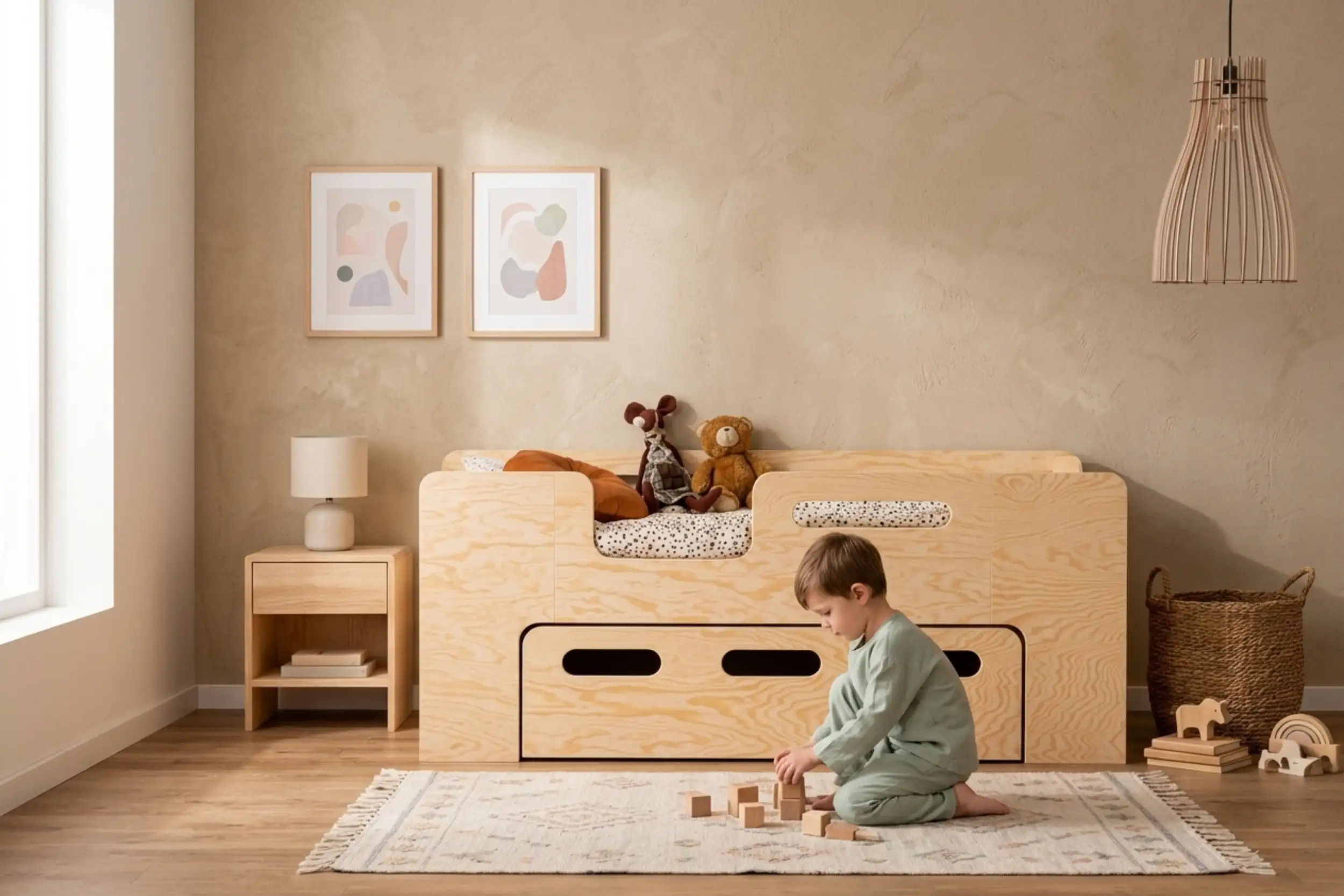 Lit bébé Smartwood PIPI avec tiroir et barrière en bois naturel dans une chambre d'enfant lumineuse - petit garçon jouant avec des cubes en bois à côté du lit.