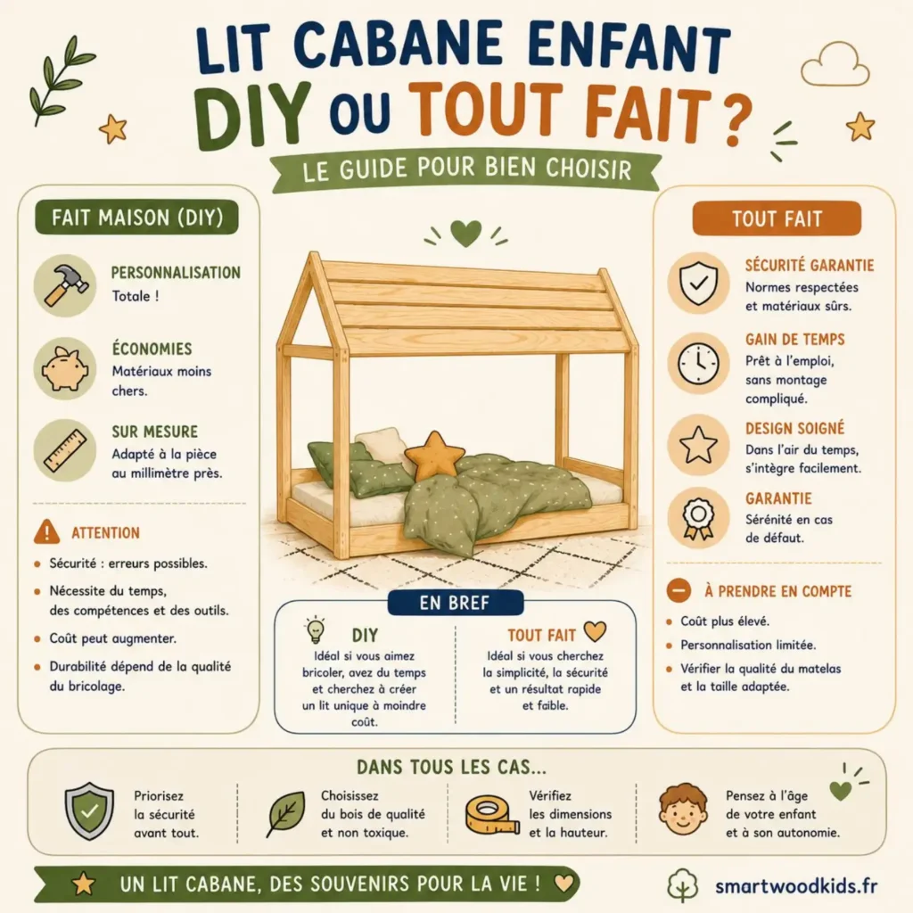 
Infographie Smartwood - lit cabane enfant DIY ou tout fait : le guide pour bien choisir entre fait maison et prêt à l'emploi.