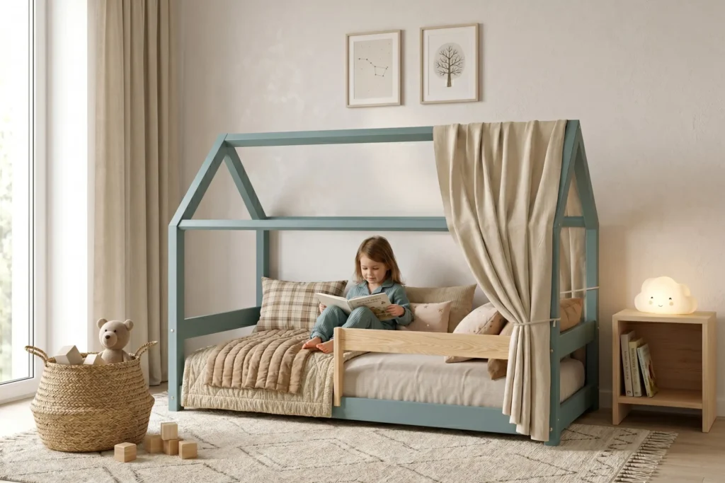 Lit cabane MILO en bois bleu sauge doux, fillette lisant un livre dans un cocon douillet avec baldaquin et coussins.