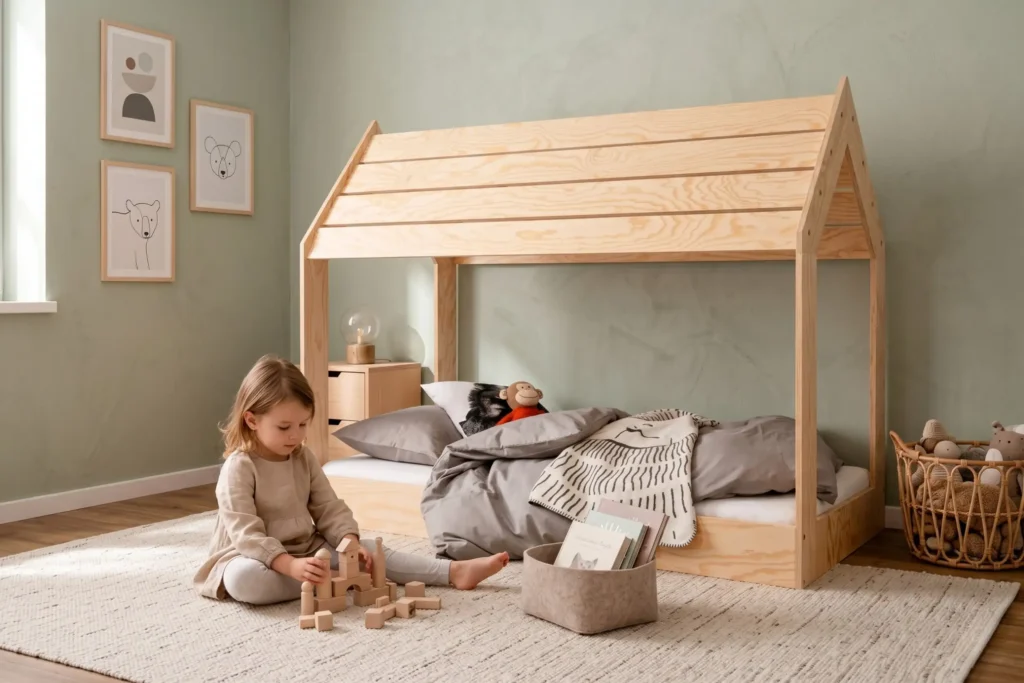 Lit cabane Smartwood MOON M en bois naturel - petite fille jouant avec des cubes en bois à côté du lit.