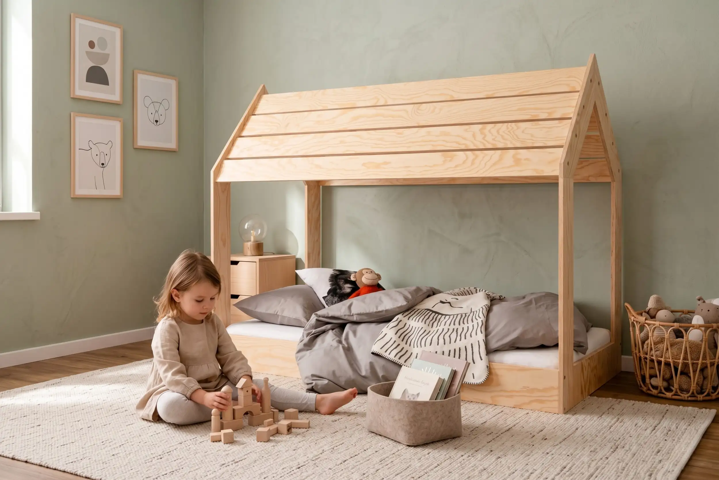 Lit cabane Smartwood MOON M en bois naturel - petite fille jouant avec des cubes en bois à côté du lit.