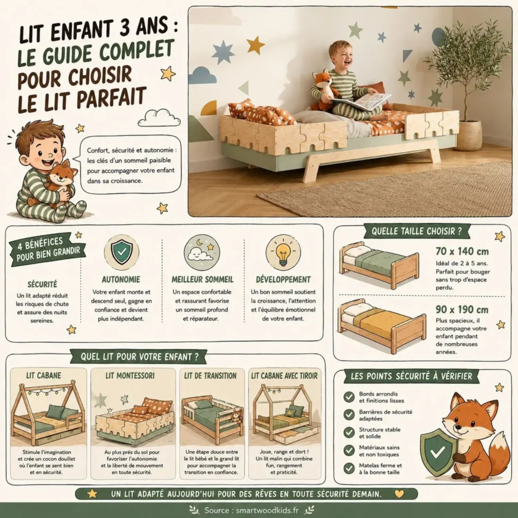 Infographie Smartwood - lit enfant 3 ans : guide complet pour choisir le lit parfait, taille adaptée, sécurité et types de lits (cabane, Montessori, transition).