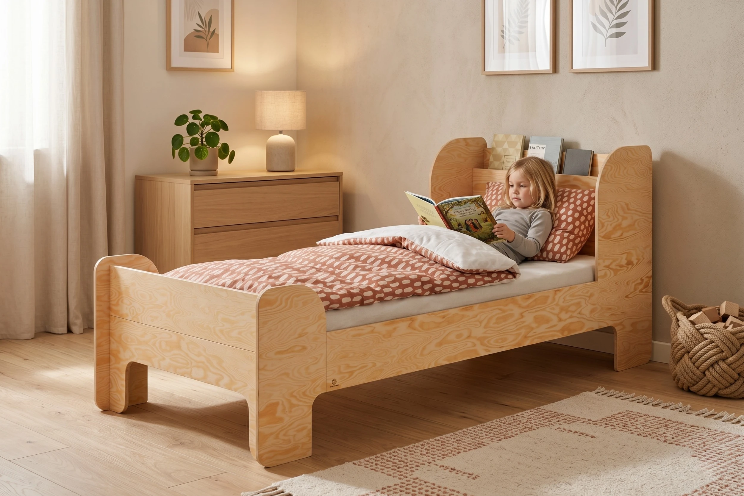 Lit enfant Smartwood FLOU en bois naturel dans une chambre lumineuse - petite fille lisant un livre dans le lit, mobilier sain et écologique.