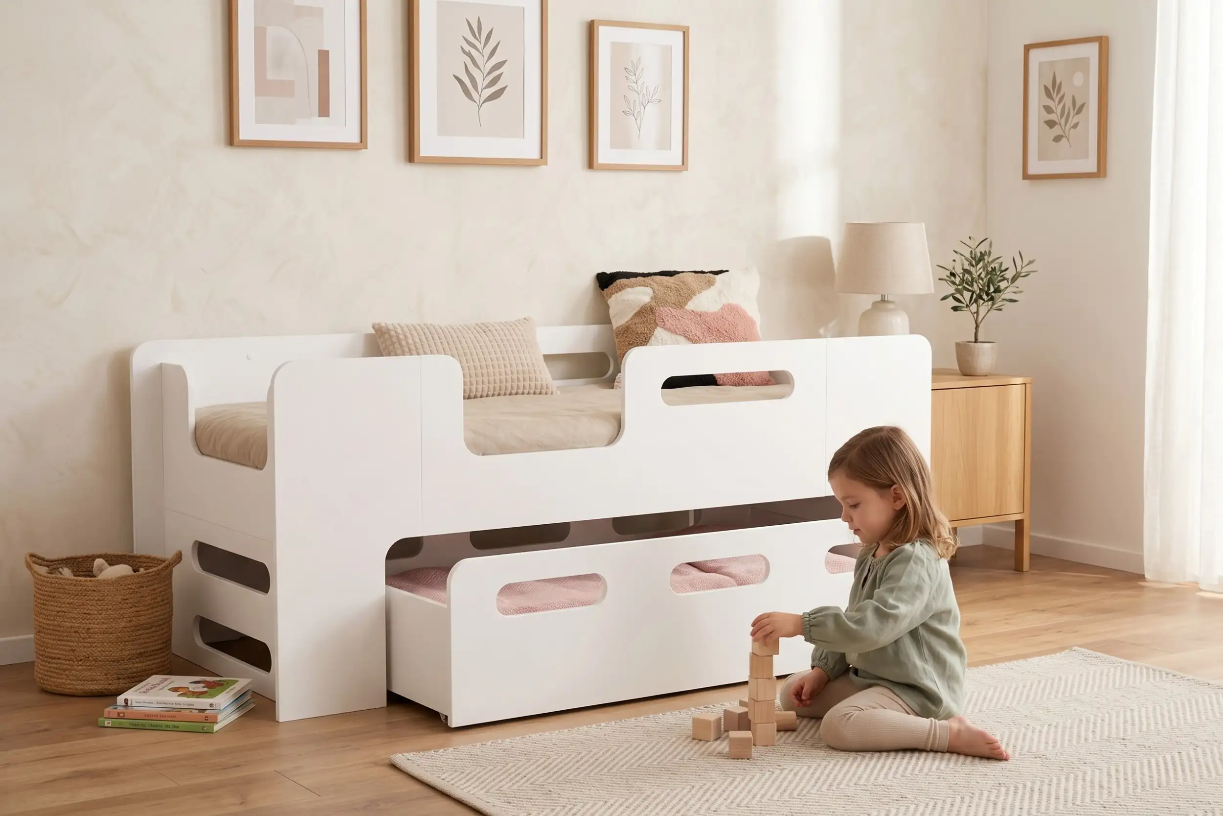 Lit enfant Smartwood PIPI blanc avec tiroir et barrière - petite fille jouant avec des cubes en bois à côté du lit.