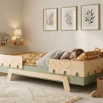 Lit enfant Puzzle BR2 en bois avec barrière de sécurité dans une chambre d’enfant chaleureuse avec enfant endormi.