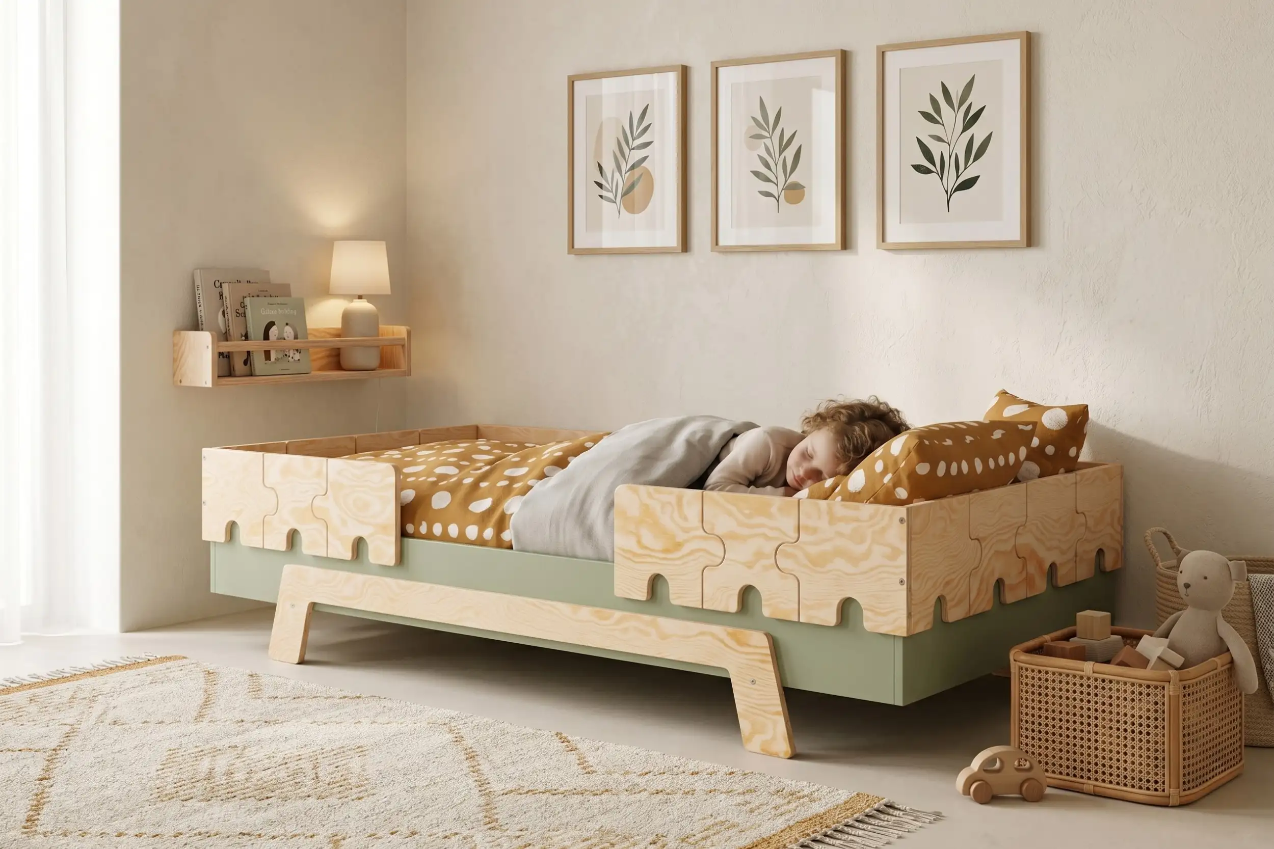 Lit enfant Puzzle BR2 en bois avec barrière de sécurité dans une chambre d’enfant chaleureuse avec enfant endormi.