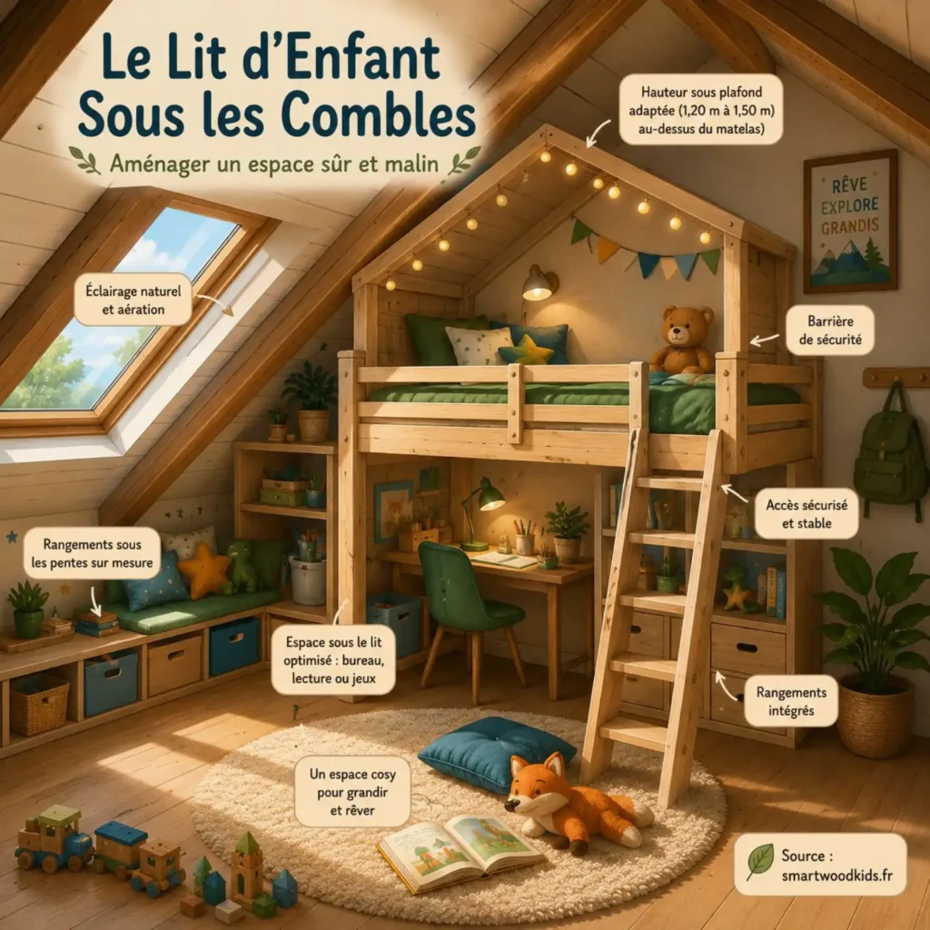 Infographie : le lit d'enfant sous les combles - hauteur adaptée, barrière de sécurité, rangements sur mesure et espace optimisé.