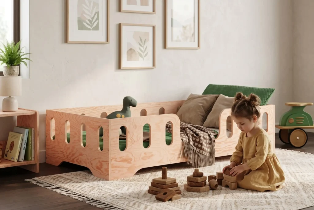 Lit enfant Smartwood TILA 2 en bois naturel avec barrières — petite fille jouant avec des cubes en bois à côté du lit.