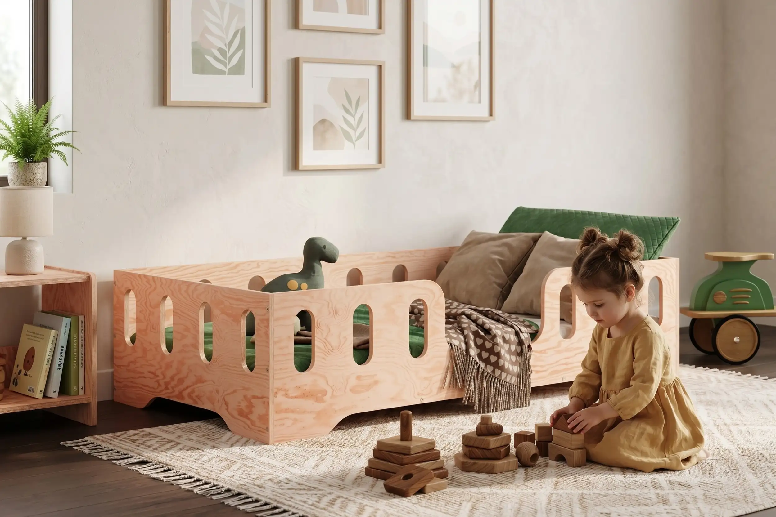 Lit enfant Smartwood TILA 2 en bois naturel avec barrières — petite fille jouant avec des cubes en bois à côté du lit.