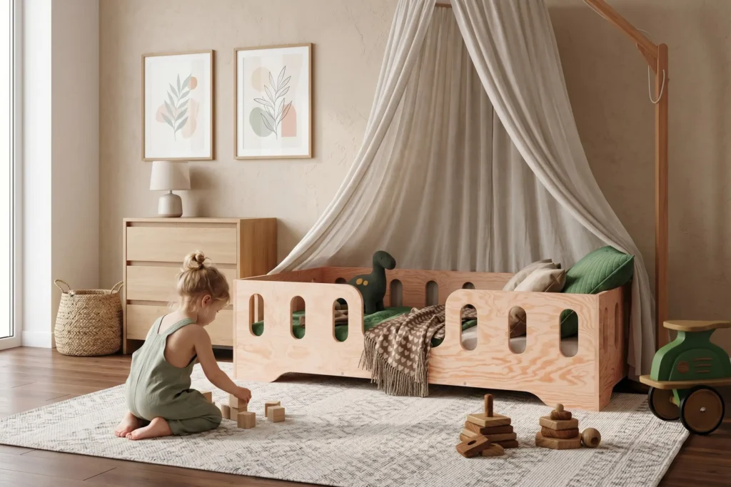 Lit enfant Smartwood TILA 2 en bois naturel avec barrières - petite fille jouant avec des cubes en bois à côté du lit avec baldaquin.