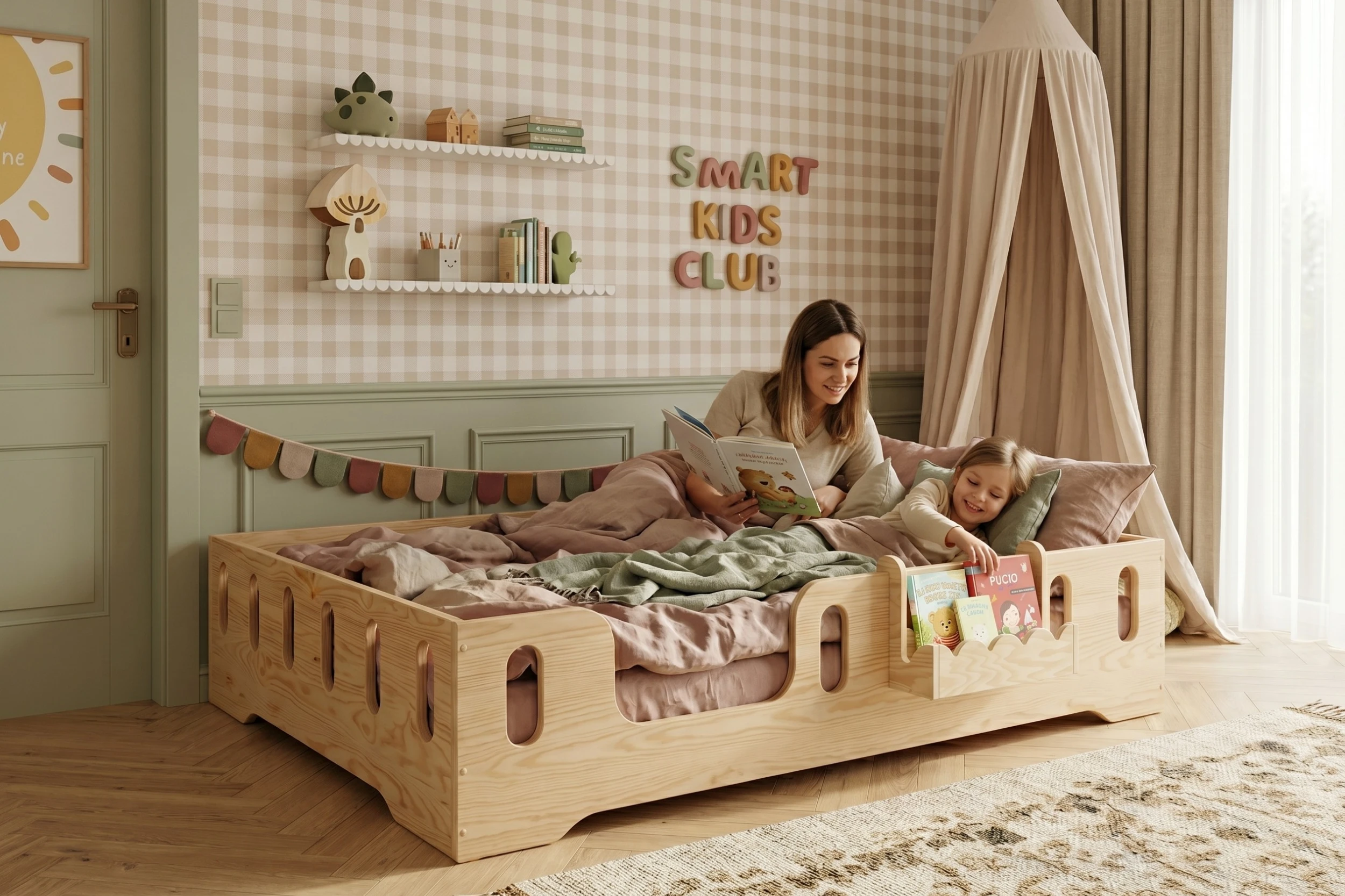 Lit TILA 2 et étagère suspendue LULI dans une chambre aux tons pastel - bois naturel et couleurs douces pour un cocon de lecture et de sommeil. smartwoodkids.fr