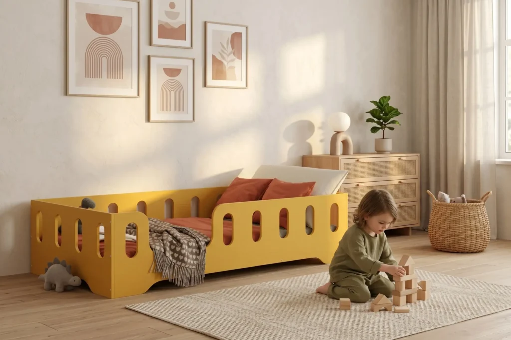 Lit enfant TILA 2 jaune en bois avec barrière dans une chambre claire et apaisante, enfant jouant avec des cubes en bois sur le tapis.