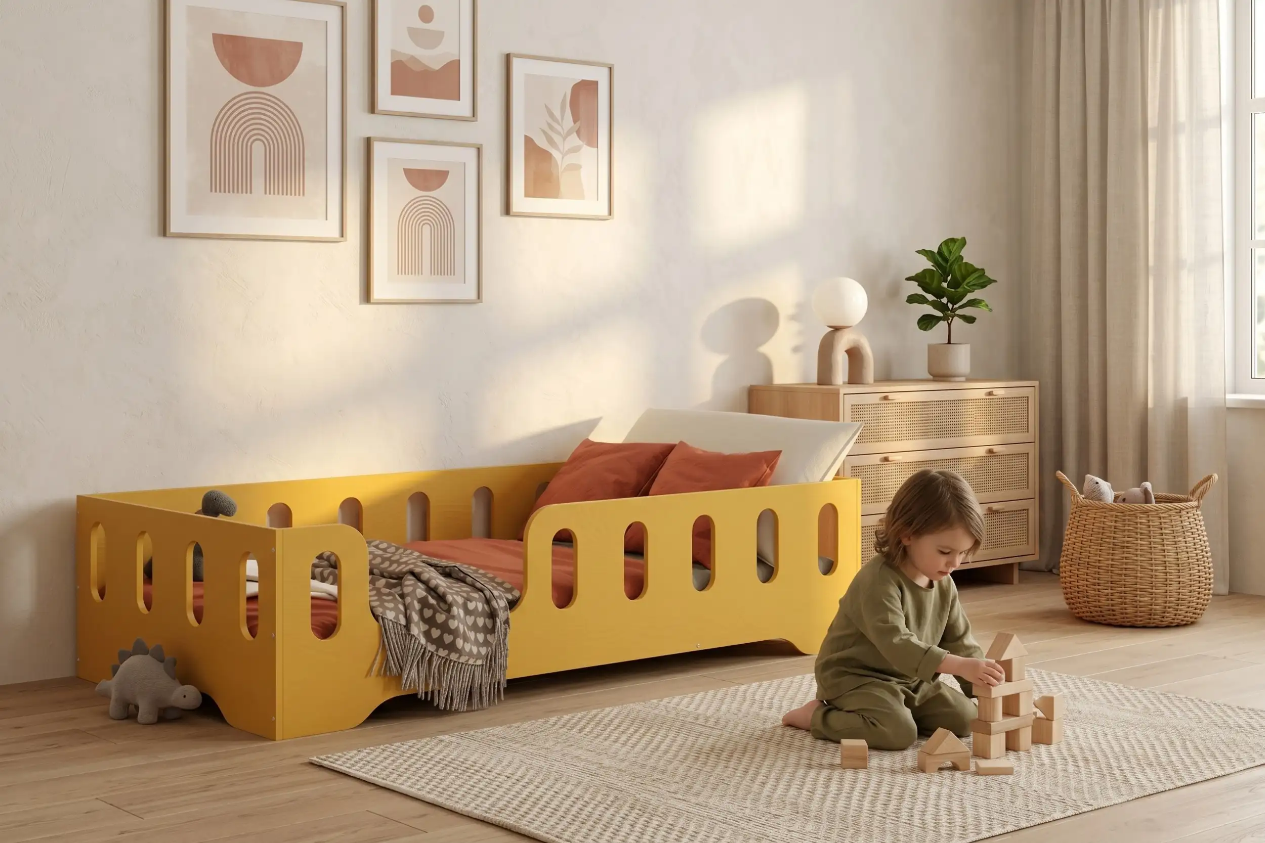Lit enfant TILA 2 jaune en bois avec barrière dans une chambre claire et apaisante, enfant jouant avec des cubes en bois sur le tapis.
