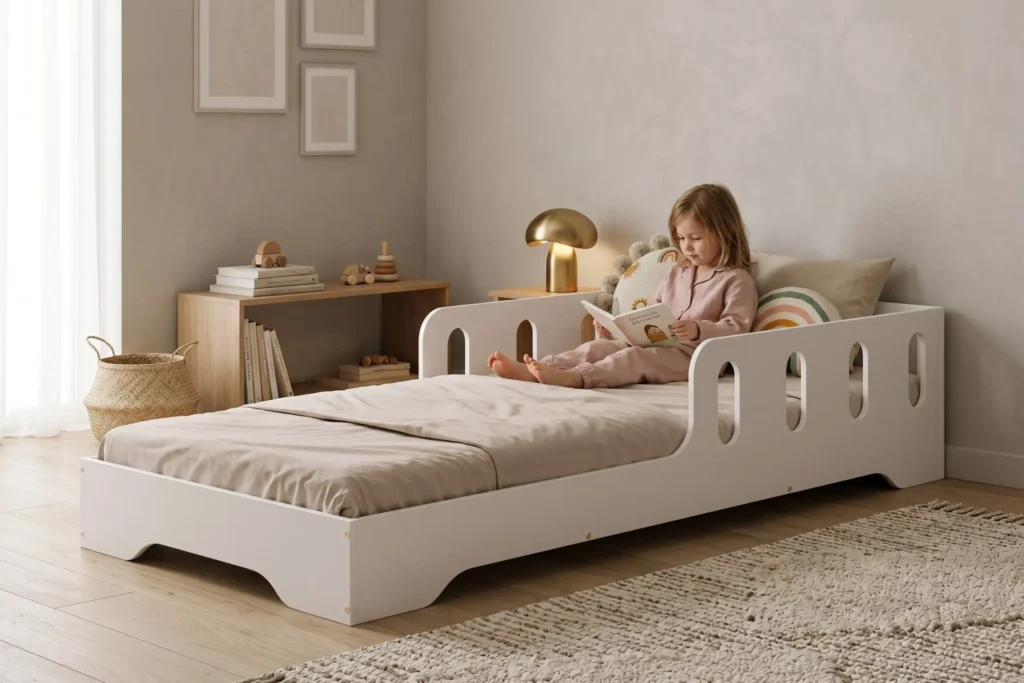 Lit enfant TILA 6 blanc et bas style Montessori, fillette lisant un livre dans une chambre claire et chaleureuse.