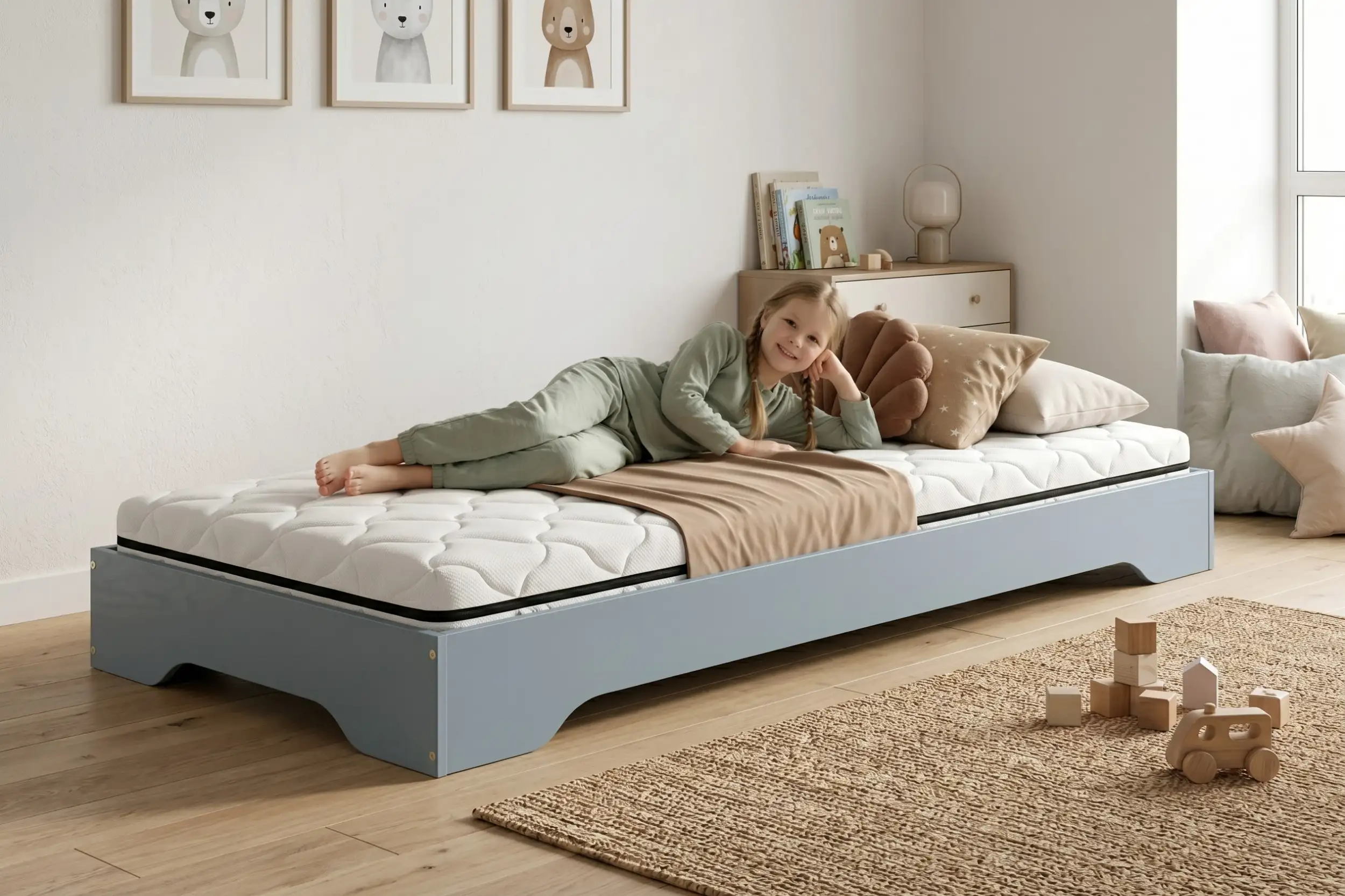 Lit enfant Smartwood TILA 7 en bois bleu avec matelas Smart Comfort - petite fille souriante allongée sur le lit dans une chambre lumineuse.