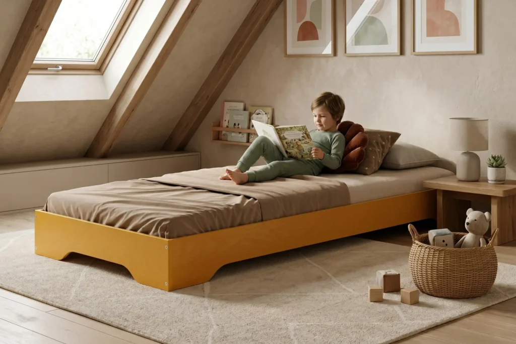 Lit enfant TILA 7 bas en bois jaune moutarde sous les combles, garçon lisant un livre dans une chambre cosy aux pentes douces.