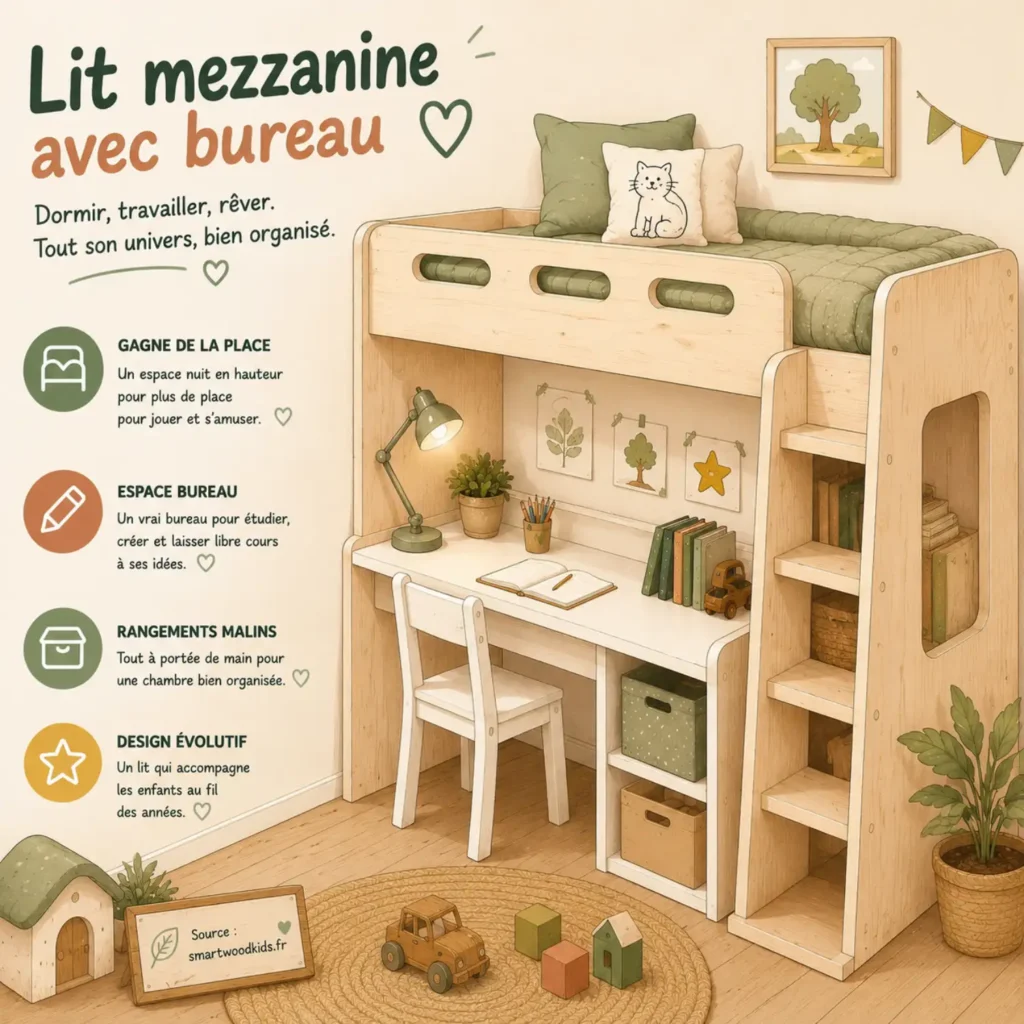  Infographie : lit mezzanine avec bureau - gain de place, espace bureau, rangements malins et design évolutif.