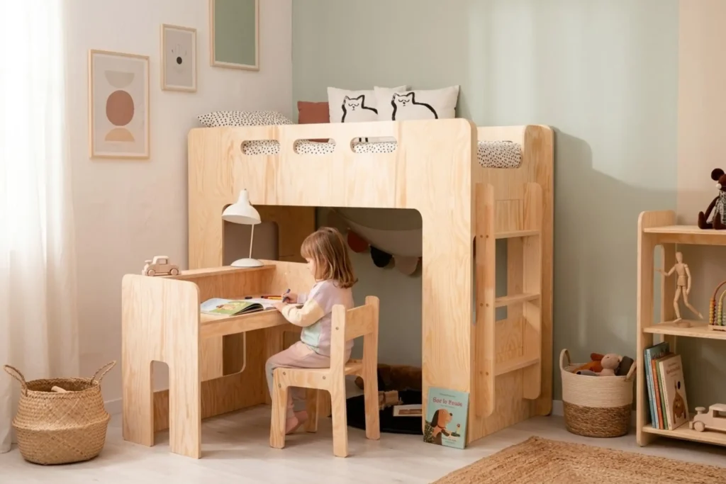 Lit mezzanine Smartwood MIMI A avec bureau BRK et chaise KR en bois naturel - petite fille qui dessine au bureau sous le lit.