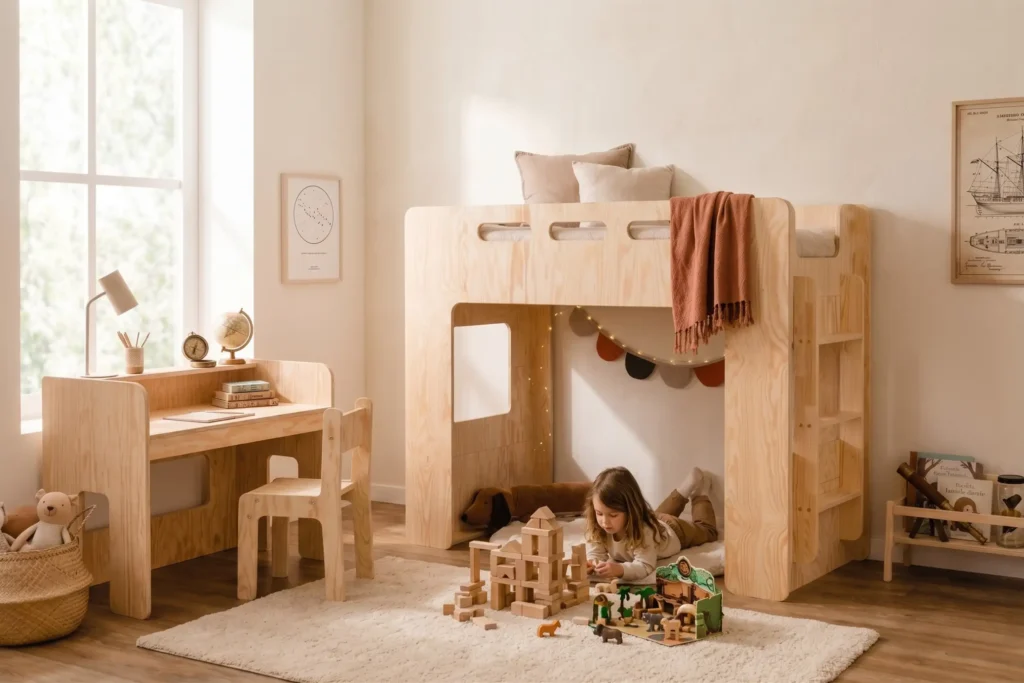 Lit mezzanine MIMI en bois avec bureau et chaise, fillette jouant avec des cubes dans la cabane cosy sous le lit.