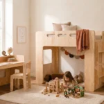 Lit mezzanine MIMI en bois avec bureau et chaise, fillette jouant avec des cubes dans la cabane cosy sous le lit.