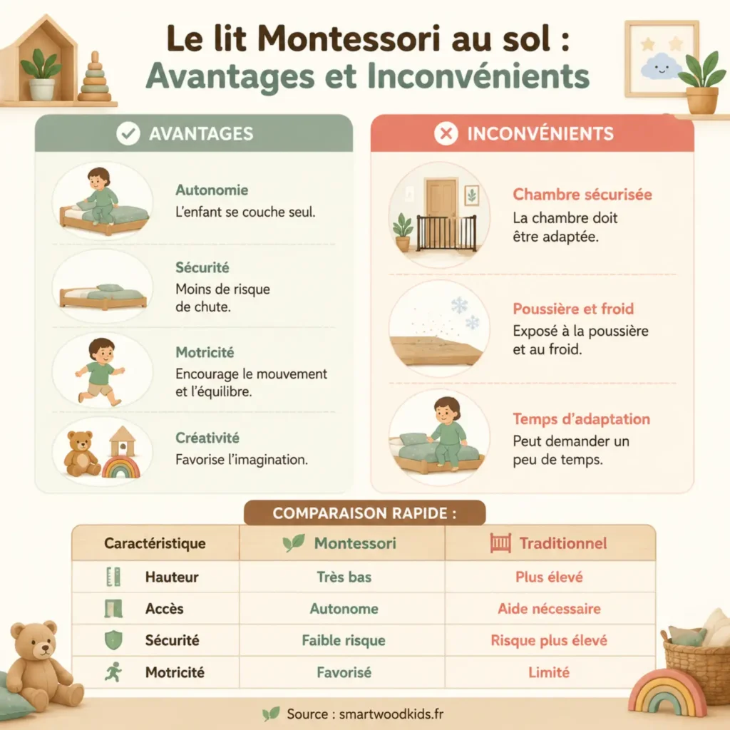 Infographie Smartwood - le lit Montessori au sol : avantages (autonomie, sécurité, motricité) et inconvénients (poussière, froid, temps d'adaptation) avec comparaison au lit traditionnel.