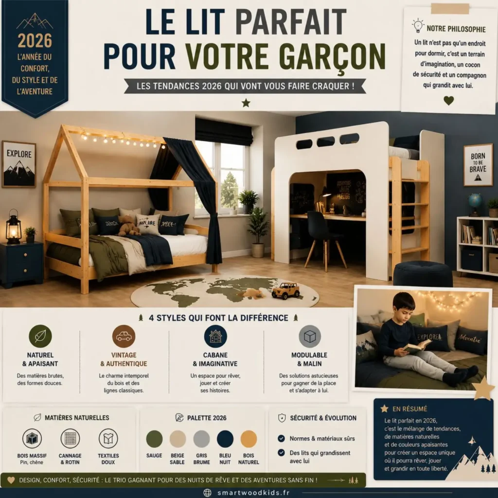 nfographie Smartwood — le lit parfait pour votre garçon 2026 : 4 styles tendance (naturel, vintage, cabane, modulable), matières naturelles et palette de couleurs.