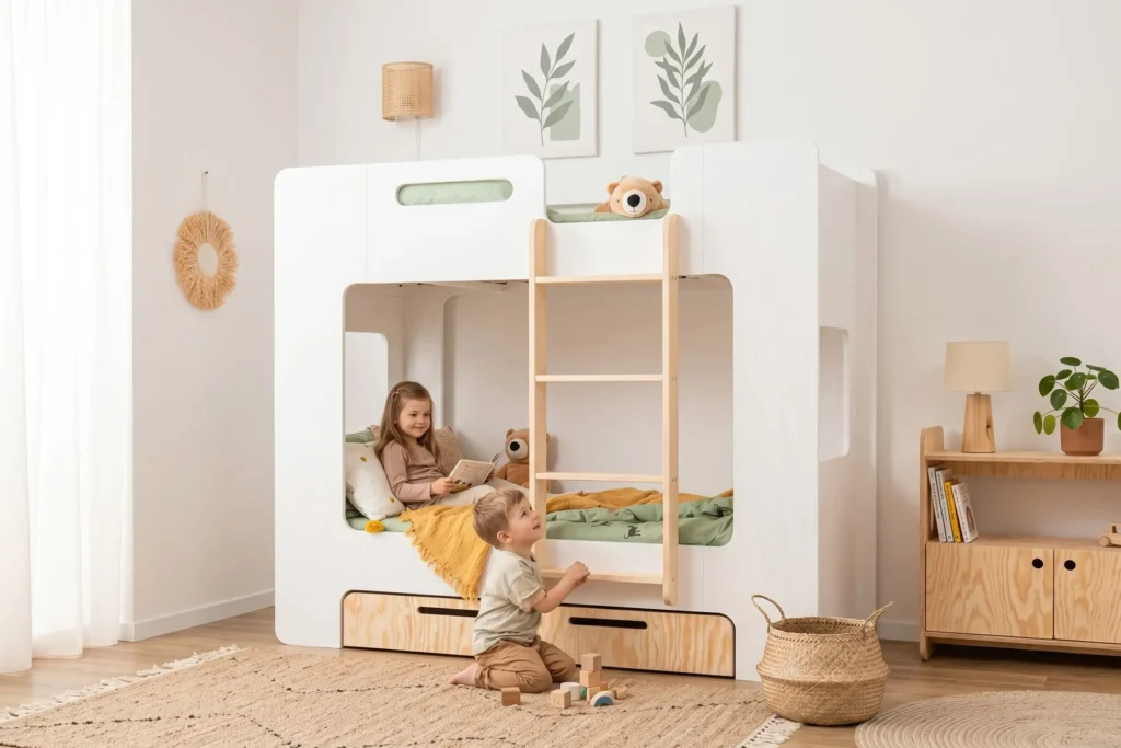 Le lit superposé MIMI D offre une solution sûre et chaleureuse pour frères et sœurs - espaces individuels pour dormir, jouer et rêver. smartwoodkids.fr