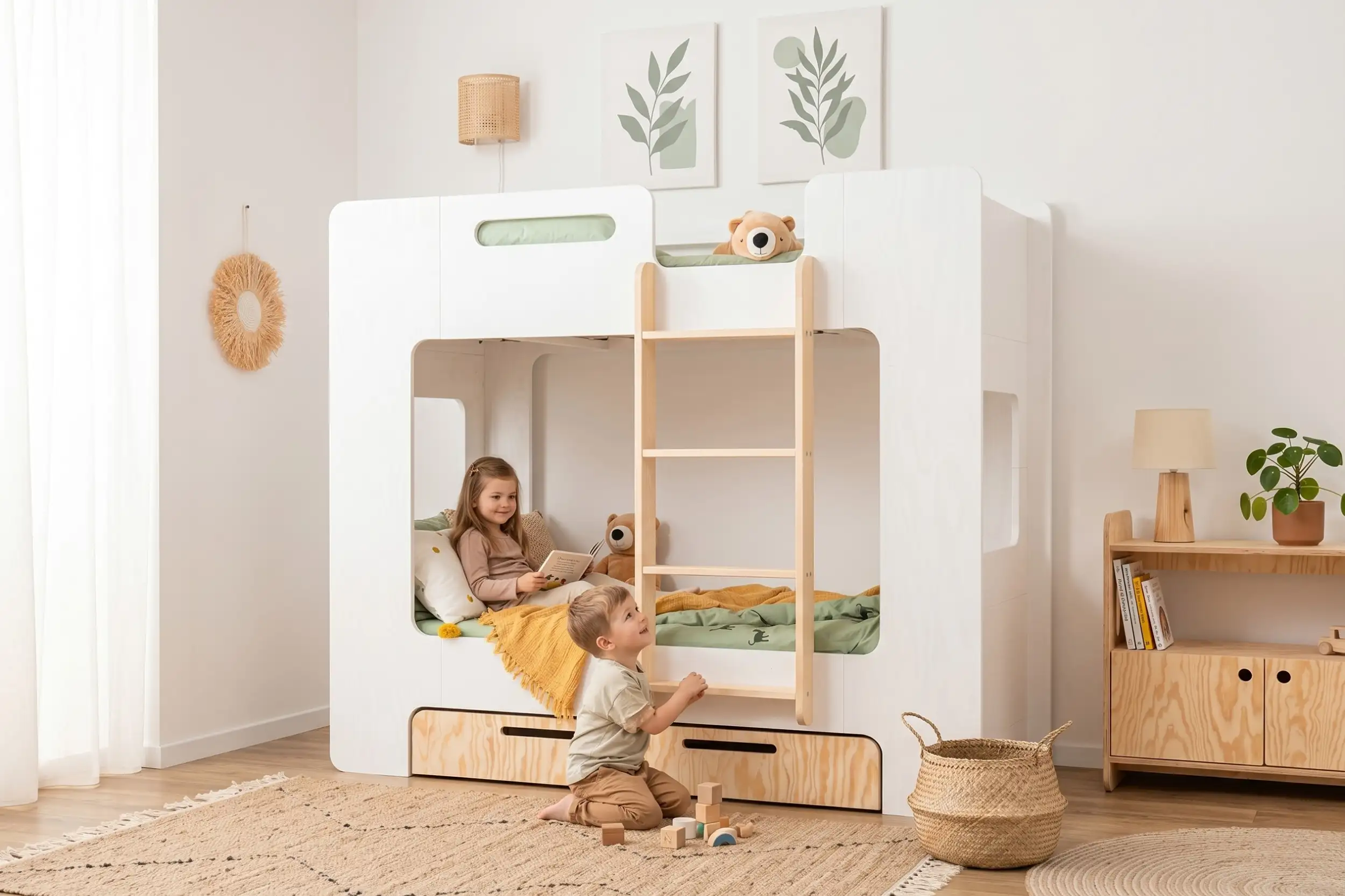Le lit superposé MIMI D offre une solution sûre et chaleureuse pour frères et sœurs - espaces individuels pour dormir, jouer et rêver. smartwoodkids.fr
