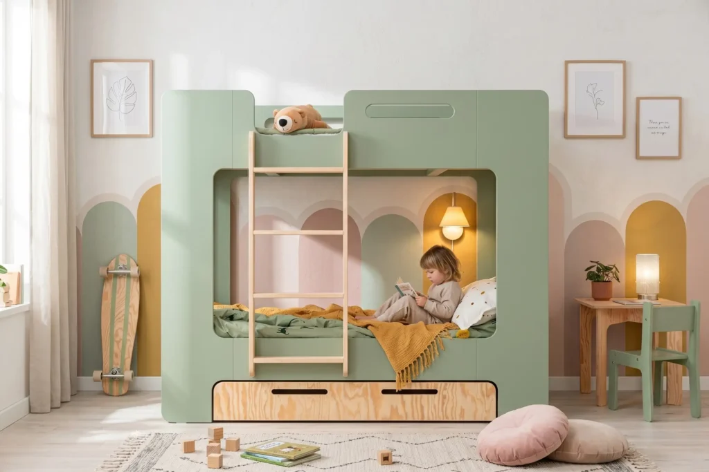 Lit superposé MIMI D vert avec tiroir, fillette lisant un livre dans le coin cosy du bas dans une petite chambre d'enfant.