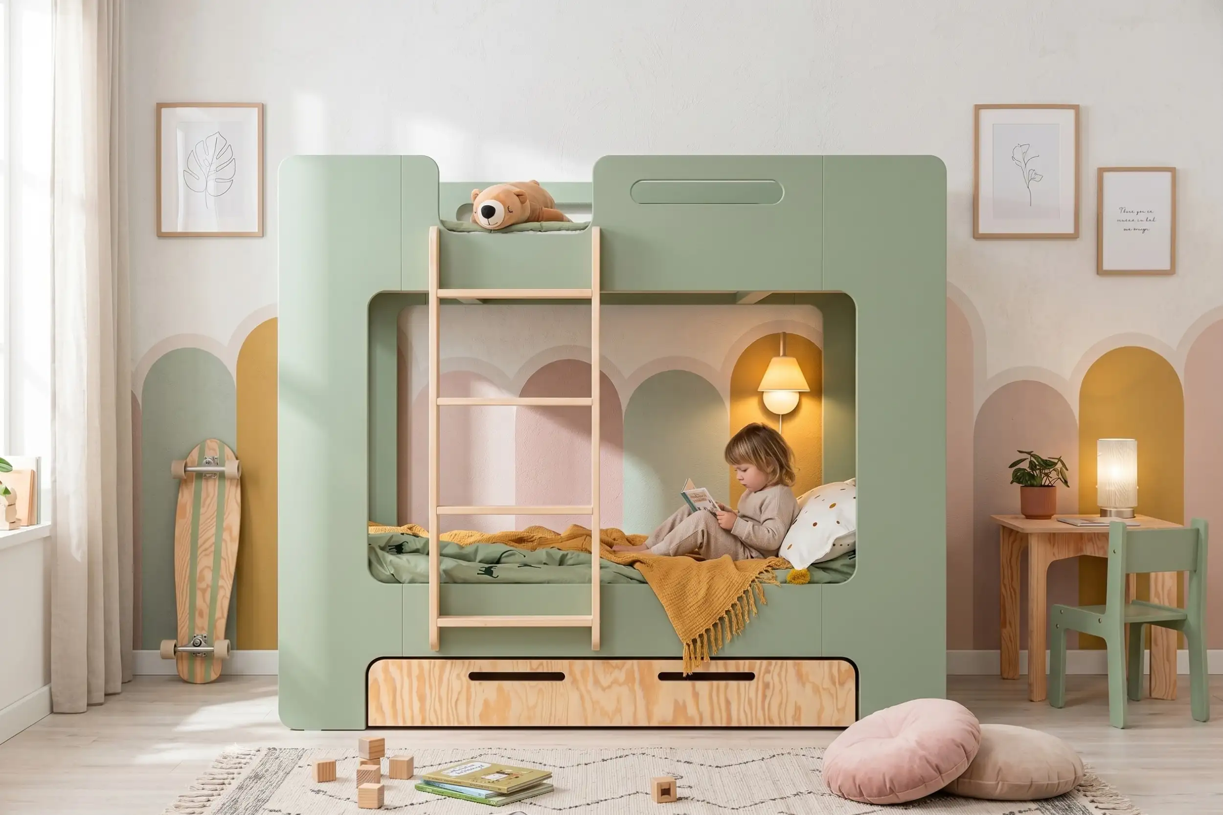 Lit superposé MIMI D vert avec tiroir, fillette lisant un livre dans le coin cosy du bas dans une petite chambre d'enfant.
