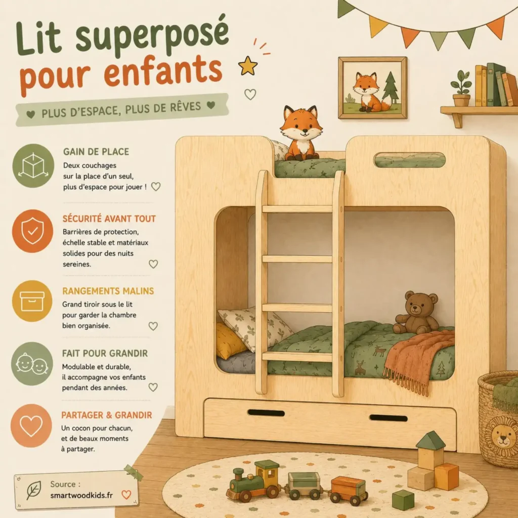 nfographie : lit superposé pour enfants - gain de place, sécurité, rangements malins et évolutivité.