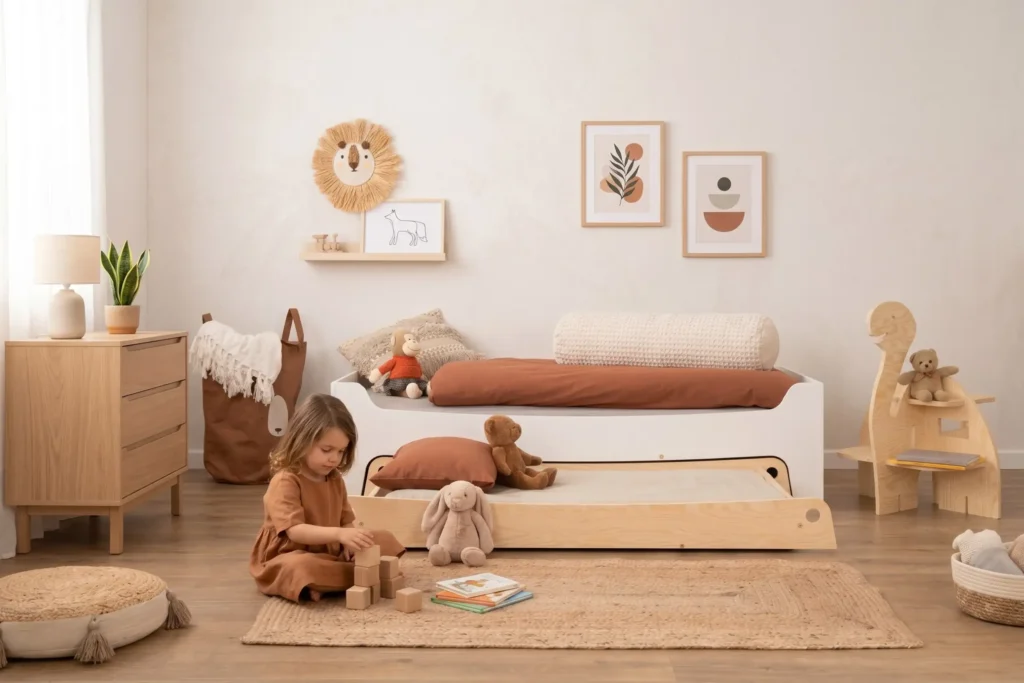Lit enfant TILA 10 blanc en bois avec tiroir formant un couchage d'appoint, fillette jouant avec des cubes en bois dans une chambre cocooning.