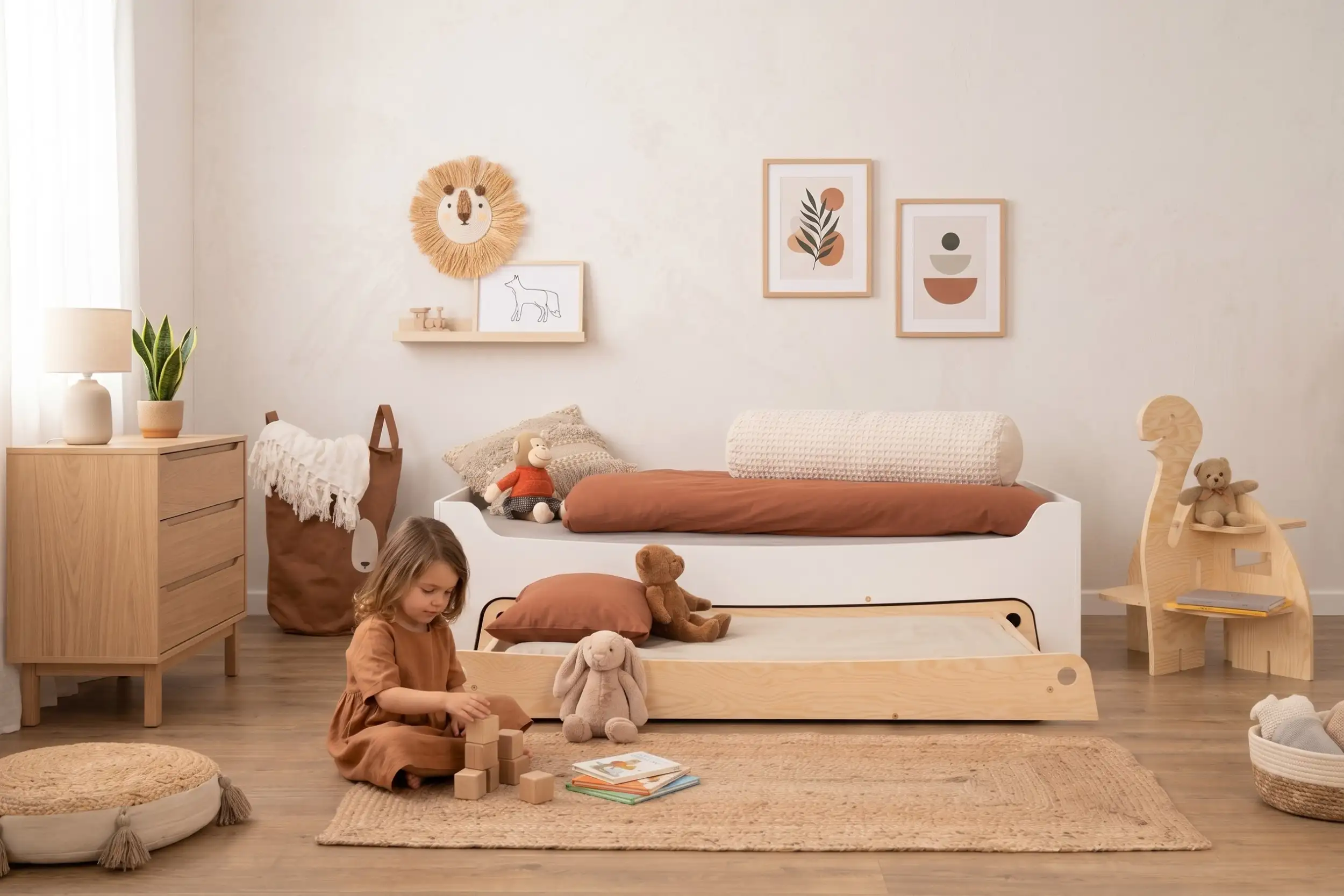 Lit enfant TILA 10 blanc en bois avec tiroir formant un couchage d'appoint, fillette jouant avec des cubes en bois dans une chambre cocooning.