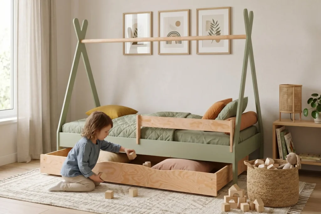 Lit tipi TIPI D vert en bois avec tiroir coulissant, fillette sortant des cubes du tiroir dans une chambre d'enfant lumineuse.
