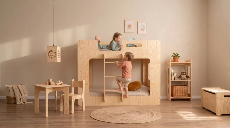 Chambre d’enfant minimaliste avec lit superposé en bois et meubles en contreplaqué naturel.