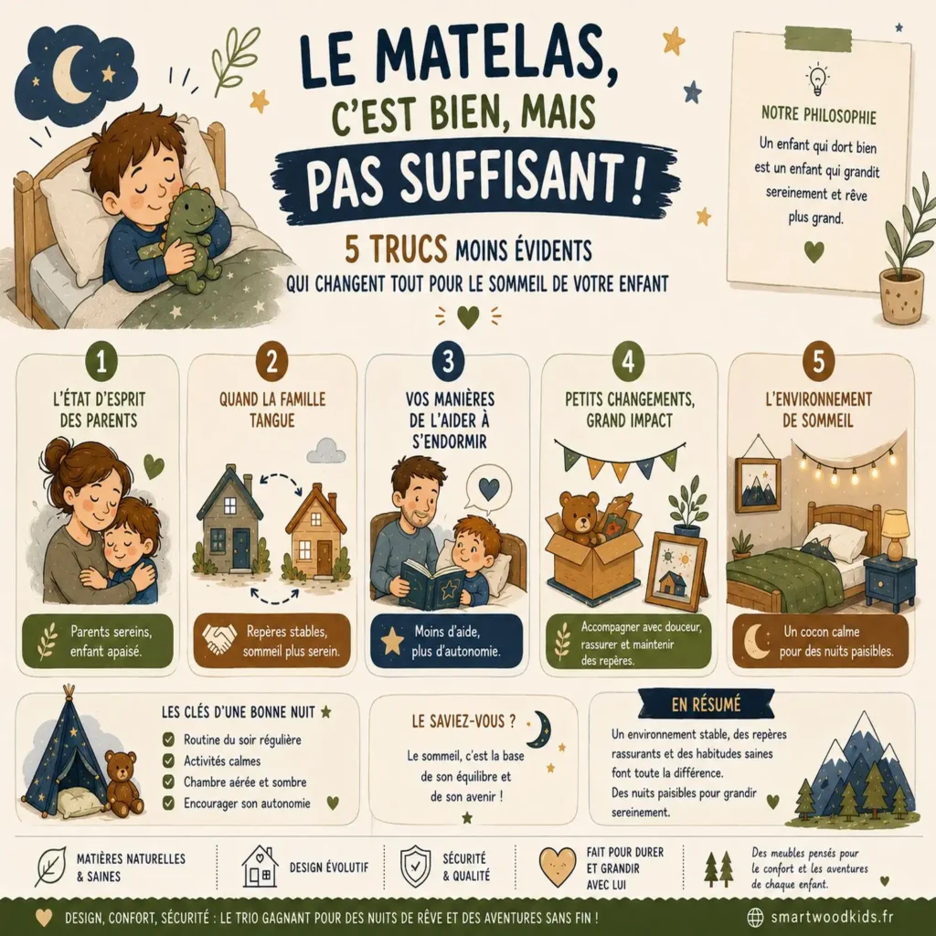 Infographie Smartwood - le matelas, c'est bien mais pas suffisant : 5 trucs moins évidents qui changent tout pour le sommeil de votre enfant.