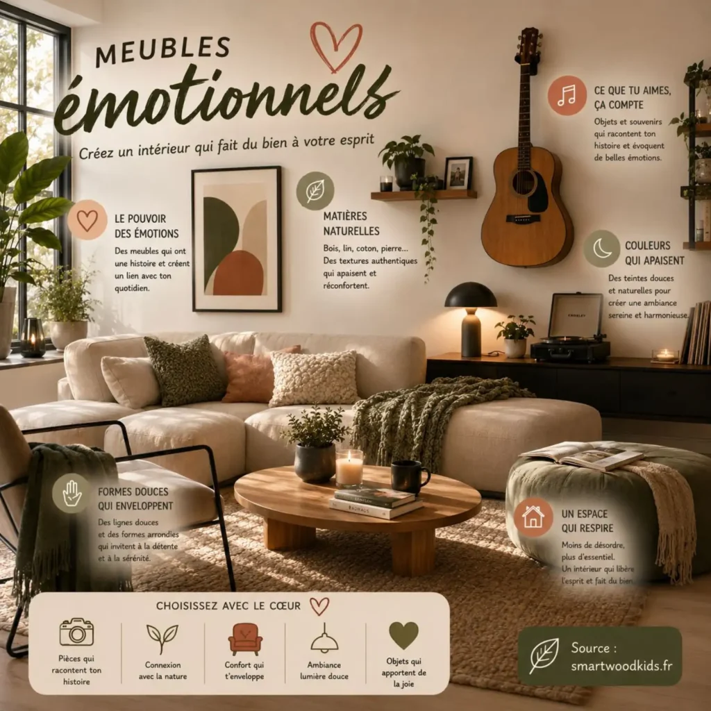 Infographie : meubles émotionnels - émotions, matières naturelles, formes douces et couleurs apaisantes.