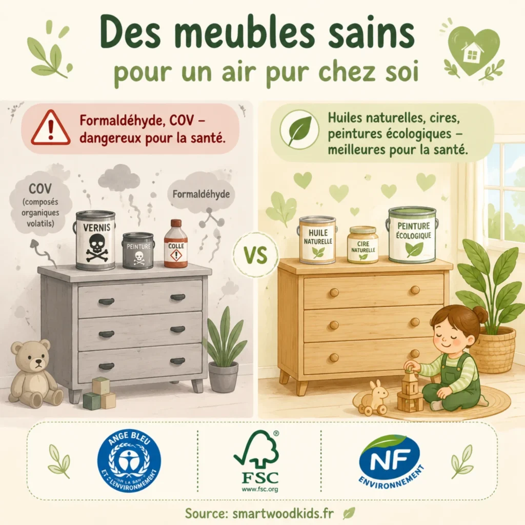 Infographie Smartwood - des meubles sains pour un air pur chez soi : formaldéhyde et COV vs huiles naturelles, cires et peintures écologiques avec les certifications Ange Bleu, FSC et NF Environnement.