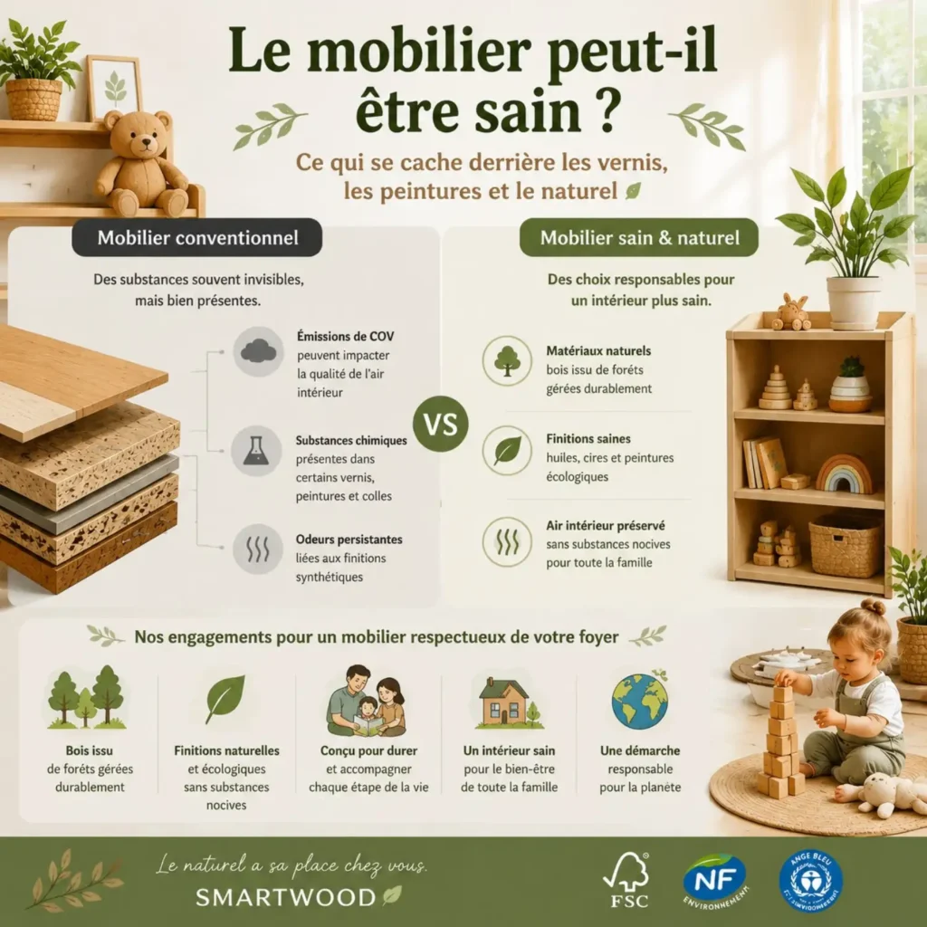 Infographie Smartwood - des meubles sains pour un air pur chez soi : formaldéhyde et COV vs huiles naturelles, cires et peintures écologiques avec les certifications Ange Bleu, FSC et NF Environnement.