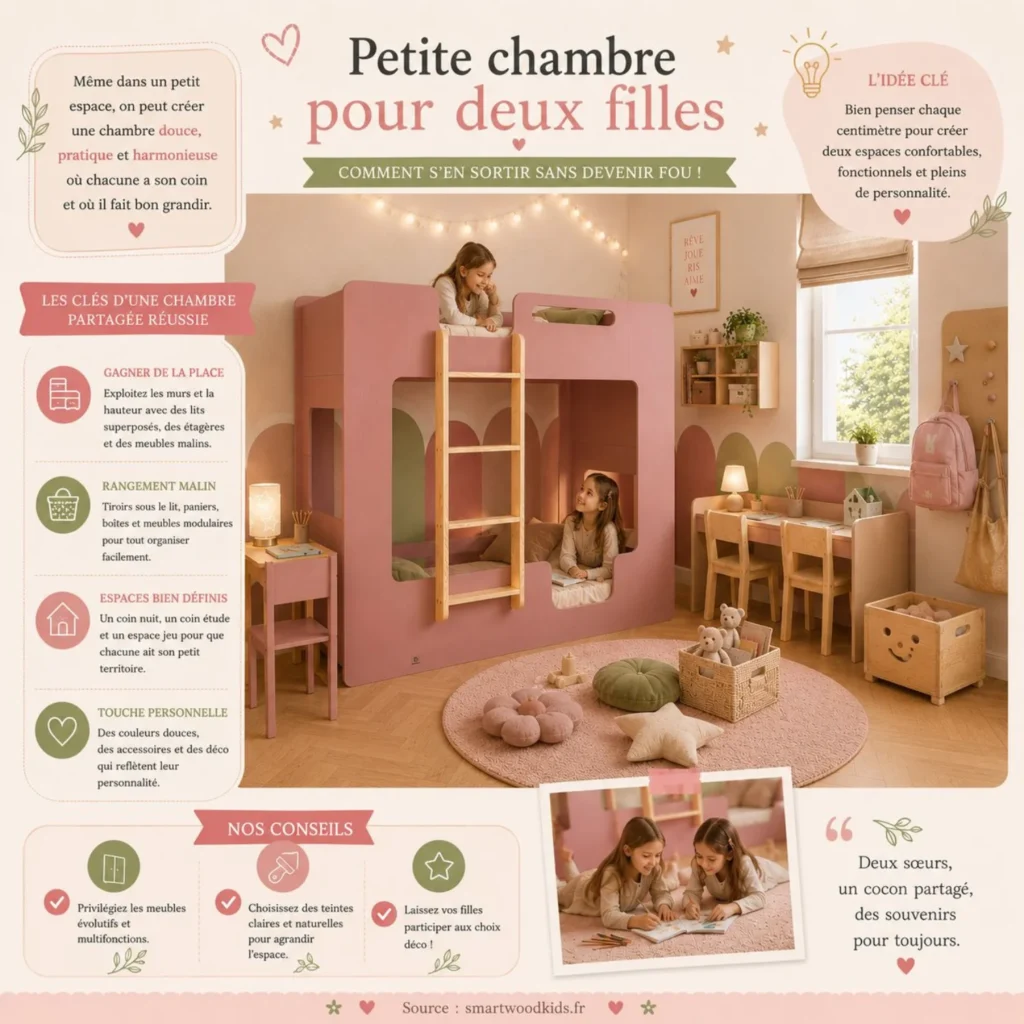 Infographie Smartwood - petite chambre pour deux filles : gagner de la place, rangement malin, espaces bien définis et touche personnelle.