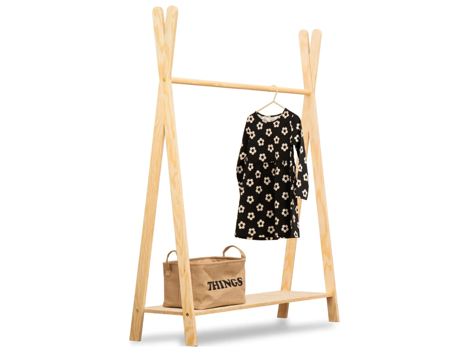 Cintre en bois pour enfants en forme de tipi avec une étagère inférieure, taille XL