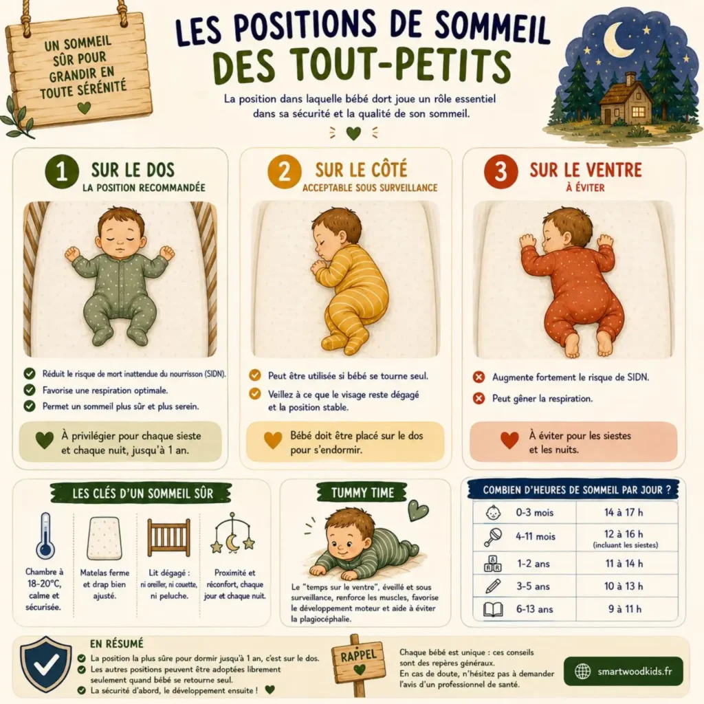 Infographie Smartwood - les positions de sommeil des tout-petits : sur le dos (recommandée), sur le côté (sous surveillance), sur le ventre (à éviter) et clés d'un sommeil sûr.
