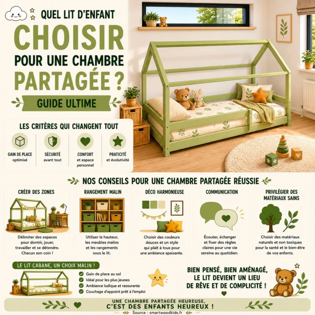 Infographie : quel lit d'enfant choisir pour une chambre partagée - gain de place, sécurité, confort, praticité et conseils malins.