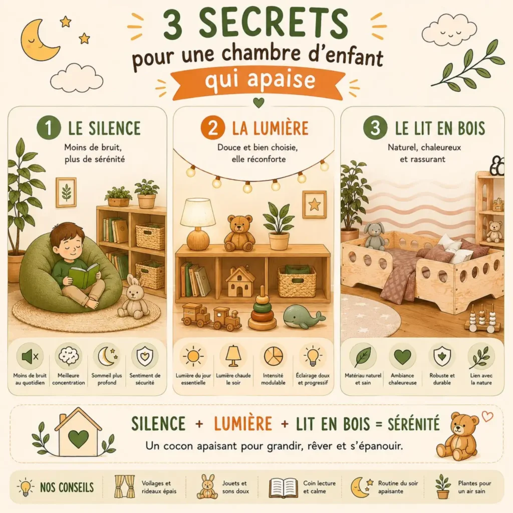 Infographie : le silence, la lumière douce et le lit en bois, trois secrets d'une chambre d'enfant apaisante.