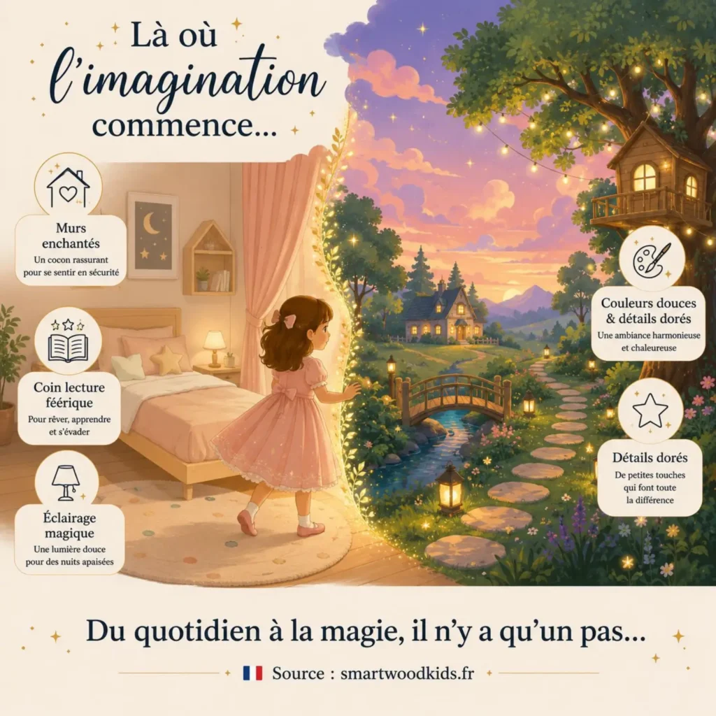 Infographie : une chambre enfant féerique qui invite à rêver - murs enchantés, coin lecture, éclairage magique, couleurs douces et détails dorés.