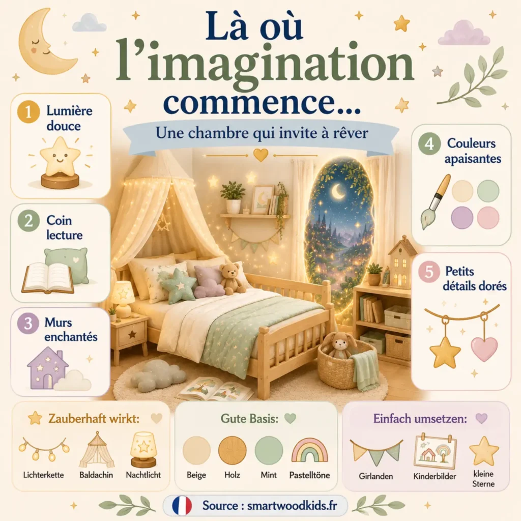 Infographie : une chambre enfant féerique qui invite à rêver - lumière douce, coin lecture, murs enchantés, couleurs apaisantes et petits détails dorés.