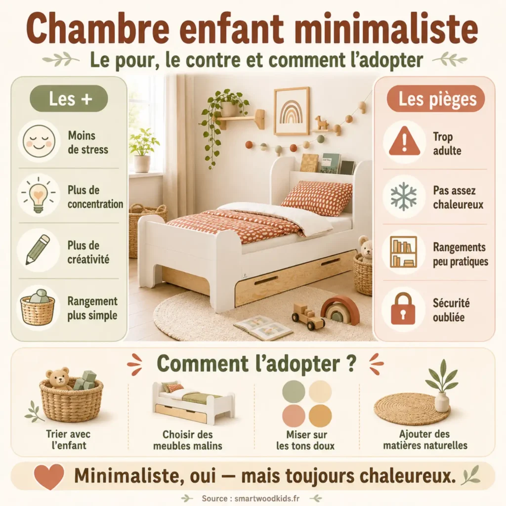 Infographie : chambre enfant minimaliste - avantages, pièges à éviter et conseils pour l'adopter sans perdre en chaleur.