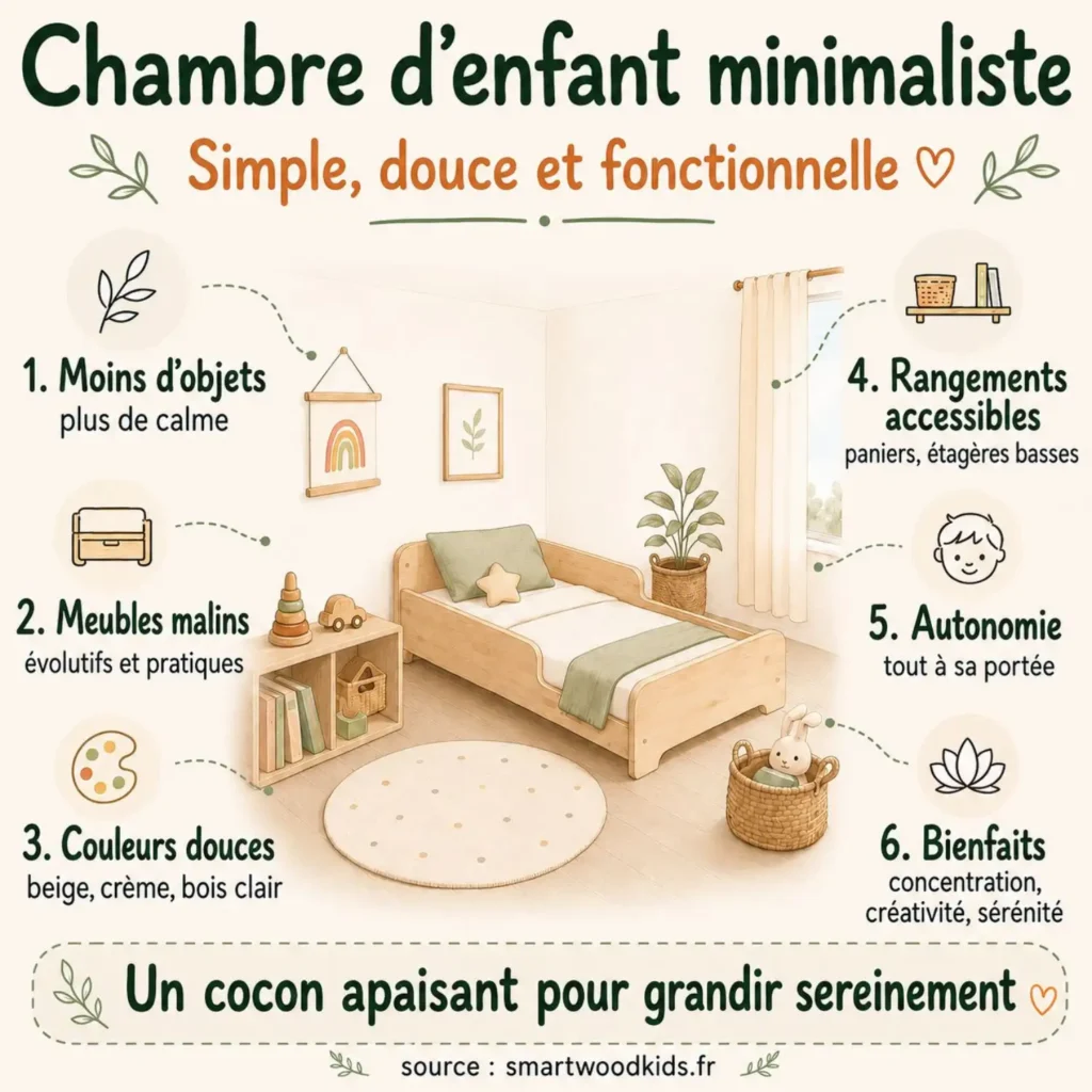 Infographie : chambre d'enfant minimaliste - moins d'objets, meubles malins, couleurs douces, rangements accessibles et autonomie.